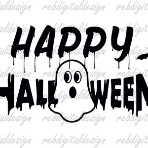 Może przedstawiać: Czarno-biały projekt graficzny z efektami ściekającej farby. Tekst brzmi "Happy Halloween" z ilustracją ducha i nietoperza.