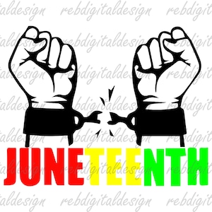 May include: Black and white illustration of two fists breaking free from chains, with the word "JUNETEENTH" written in red, yellow, and green below.
