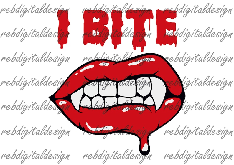 K&ouml;nnte beinhalten: Rote Lippen mit scharfen Z&auml;hnen und tropfendem Blut, mit dem Text "I BITE" dar&uuml;ber.