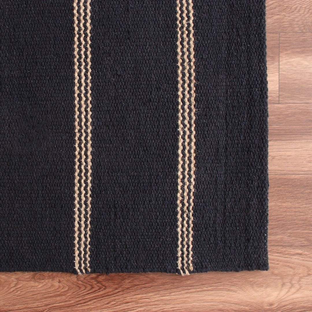 Royal Look High Quality Striped Jute Rugs Handmade Black Wool & Natural