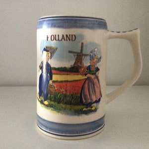 DUTCH BEER/TEA Mug - Vintage delft blue pottery large mug  ‘Holland’ wording and images, hand painted, Dutch delft blue, made in Holland,