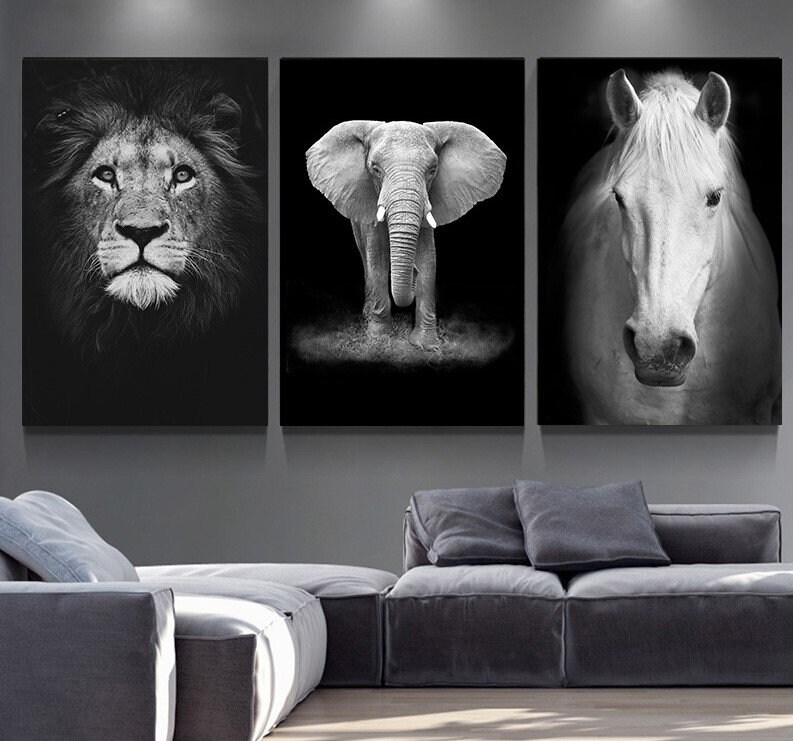 Affiche Art Mural Animal Noir et Blanc - Affiche Lion, Éléphant, Cerf, Zèbre, Cheval Décoration Salo