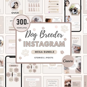 Puede incluir: Un paquete de marketing digital para criadores de perros, con más de 300 plantillas de Instagram para historias y publicaciones. El diseño incluye imágenes de cachorros, huellas de patas y texto como "Dog Breeder Instagram Mega Bundle".