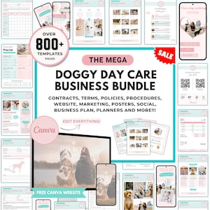 Könnte beinhalten: Ein Paket mit Vorlagen für Hundetagesstätten, darunter Verträge, Marketingmaterialien und Website-Vorlagen. Das Design zeigt ein rosa-türkisfarbenes Farbschema mit Bildern von Hunden und dem Text "DOGGY DAY CARE BUSINESS BUNDLE".