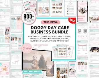 May include: A collection of dog day care business templates, including contracts, marketing materials, and website templates. The design features a pink and teal color scheme with dog-related imagery and the text "DOGGY DAY CARE BUSINESS BUNDLE".