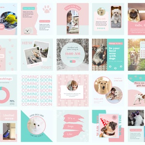 以下が含まれることがあります： かわいい犬、猫、その他の動物をフィーチャーした16個のInstagram投稿テンプレートのコレクション。テンプレートは、パステルピンクとブルーのカラーテーマで、足跡やその他の装飾的な要素でデザインされています。「新規スタート」「5月の予約」「近日公開」「あなたの地域で犬と」「散歩時間」「あなたにぴったりのギフトがあるよ！」などのテキストが一部のテンプレートに含まれています。