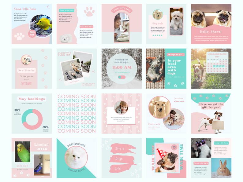 以下が含まれることがあります： かわいい犬、猫、その他の動物をフィーチャーした16個のInstagram投稿テンプレートのコレクション。テンプレートは、パステルピンクとブルーのカラーテーマで、足跡やその他の装飾的な要素でデザインされています。「新規スタート」「5月の予約」「近日公開」「あなたの地域で犬と」「散歩時間」「あなたにぴったりのギフトがあるよ！」などのテキストが一部のテンプレートに含まれています。