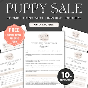 May include: A set of printable documents for a puppy sale, including a contract, deposit receipt, social media release form, and terms and conditions. The documents are designed with a pink and white watercolor background and feature the text "Puppy Sale" in a bold, white font.