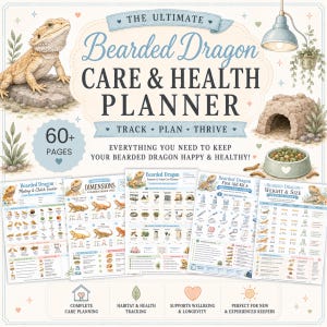Könnte beinhalten: Ein gedruckter Planer mit dem Titel The Ultimate Bearded Dragon Care & Health Planner, der Illustrationen einer Bartagame, eines Habitats und einer Futterschale zeigt. Er enthält Seiten zur Verfolgung von Paarung, Abmessungen, Ausgaben und Gewicht.