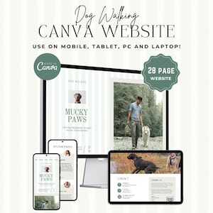 May include: A digital design for a dog walking website, showcasing a 28-page Canva website. The design is displayed on a laptop, tablet, and smartphone, with the text "Dog Walking CANVA WEBSITE" and "Mucky Paws".