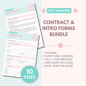 10-Page Dog Walking Service Contract/Agreement, Editable Waiver Forms, Printable Registration Paperwork