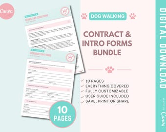 10-Page Dog Walking Service Contract/Agreement, Editable Waiver Forms, Printable Registration Paperwork
