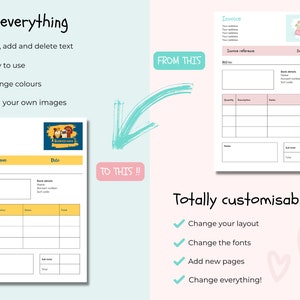 May include: A graphic showing two invoice templates. One invoice template is yellow and blue, and the other is pink and white. Text on the image says "Edit everything" and "Totally customisable". The Canva logo is in the bottom right corner.