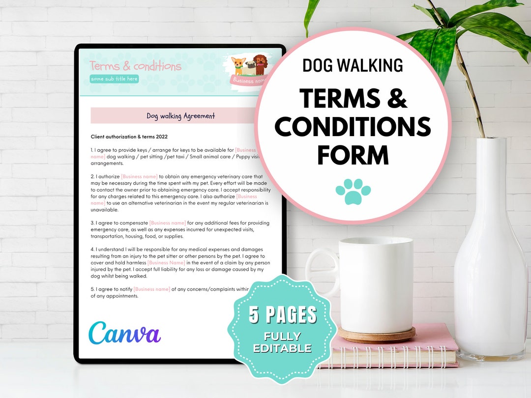 5 Page Dog Walking Terms & Conditions | Dog Walking Forms | Dog Walker ...