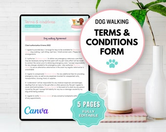 May include: A pink and white printable dog walking terms and conditions form with a paw print icon. The form is 5 pages long and fully editable. The form is displayed on a computer screen with a white mug and a plant in a white vase on a pink and white tiled surface.