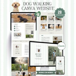 Peut inclure: Une maquette de site web pour les services de promenade de chiens, affichée sur une tablette, un téléphone et un ordinateur portable. La conception présente des images de chiens, le texte "Dog Walking Canva Website" et les mots "Mucky Paws". 28 pages web.