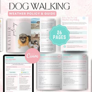 Peut inclure: Un modèle numérique de 26 pages pour la politique et le guide météo de promenade de chiens, avec des mises en page roses et blanches, des tableaux de température, des menus de canicule et des formulaires de contact client avec des photos de chiens.