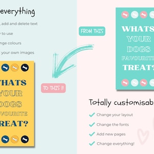 以下が含まれることがあります： 犬のおやつアンケートカードのカスタマイズ可能なテンプレート。カードは黄色で、青とオレンジの骨のアイコンと「あなたの犬のお気に入りのご褒美は何ですか？」というテキストが表示されています。テンプレートは、ピンクの骨のアイコンと同一のテキストが書かれた青いカードの隣に表示されています。