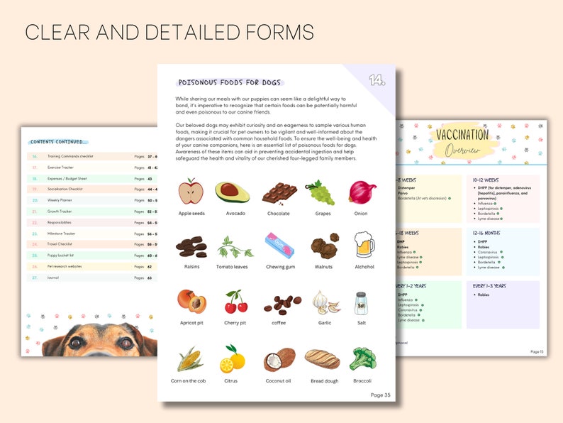 May include: A colorful guide for dog owners with a table of contents, a list of poisonous foods for dogs, and a vaccination schedule for puppies. The guide features illustrations of various foods, including grapes, chocolate, onions, and avocado.