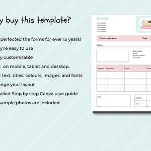 May include: A white invoice template with pink accents and a cartoon illustration. The text reads "Invoice" at the top, with fields for address, reference, and date. Additional text highlights features like easy use and mobile editing.