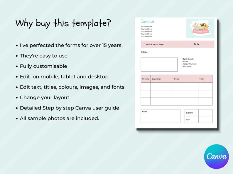 May include: A white invoice template with pink accents and a cartoon illustration. The text reads "Invoice" at the top, with fields for address, reference, and date. Additional text highlights features like easy use and mobile editing.