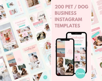 Puede incluir: Una colección de 200 plantillas de Instagram personalizables para negocios de mascotas y perros. Las plantillas presentan un esquema de color rosa y azul con imágenes de perros y gatos. El texto "200 PLANTILLAS DE INSTAGRAM PARA NEGOCIOS DE MASCOTAS Y PERROS" se muestra en una fuente grande en la parte superior de la imagen. El texto "Canva" se muestra en un círculo en la parte inferior de la imagen.