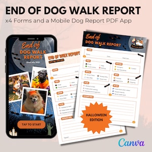Boleta de calificaciones de paseo de perros de Halloween / Boleta de calificaciones electrónica / Informe móvil de paseador de perros / Descarga de paseo de perros / Informe de paseador de perros / Canva