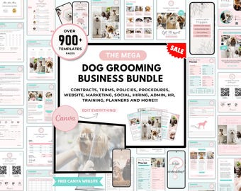 May include: A digital bundle for dog grooming businesses, offering over 900 templates for contracts, marketing, and more. The design is in pastel pink and teal, with the text 'The Mega Dog Grooming Business Bundle'. Includes a free Canva website.