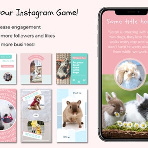 以下が含まれることがあります： 犬とウサギの写真をフィーチャーした9つのInstagram投稿テンプレート。これらのテンプレートは、エンゲージメントの向上、フォロワーといいねの増加、ビジネスの拡大に役立ちます。テンプレートのテキストには、「Every day is Beach Day」、「Ask me anything」、「Beach」、「Woods」、「In your local area with dogs」、「Cutie Pie」、「Some title here」が含まれています。
