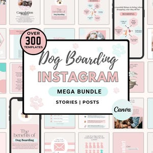 Peut inclure: Un ensemble de marketing numérique pour Instagram, comprenant plus de 300 modèles pour les entreprises de pension pour chiens. La conception utilise une palette de couleurs rose et sarcelle avec des graphiques et du texte liés aux chiens. Le pack comprend des stories et des publications.