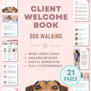 Puede incluir: Un libro de bienvenida rosa y turquesa para negocios de paseadores de perros. La portada presenta la cara de un perro y el texto "CLIENT WELCOME BOOK DOG WALKING". El libro incluye 21 páginas y está hecho con Canva. Es totalmente personalizable y está disponible para descargar digitalmente.