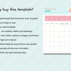 May include: A pink and white weekly planner template for dog owners. The template includes sections for pet, date, duration, feed, location, and notes. The template is customizable and can be edited on mobile, tablet, and desktop. The template includes a step-by-step Canva user guide and sample photos.