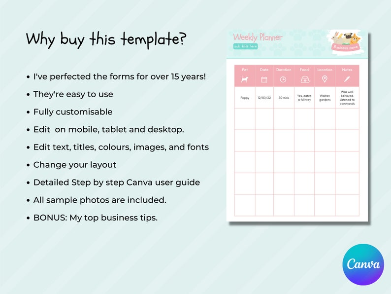May include: A pink and white weekly planner template for dog owners. The template includes sections for pet, date, duration, feed, location, and notes. The template is customizable and can be edited on mobile, tablet, and desktop. The template includes a step-by-step Canva user guide and sample photos.