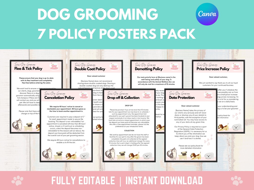 Dog Grooming Policy Forms Pack Dog Grooming Policies Dog Groomer Forms