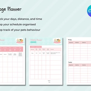 May include: A printable 7-page planner for pet owners. The planner includes sections for tracking daily walks, feeding times, and pet behavior. The planner features a pink and white color scheme with illustrations of dogs and cats.