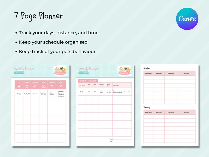 May include: A printable 7-page planner for pet owners. The planner includes sections for tracking daily walks, feeding times, and pet behavior. The planner features a pink and white color scheme with illustrations of dogs and cats.