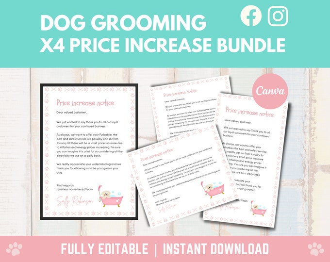Pet Grooming, Dog Grooming Salon Price Increase Notice. Social Media