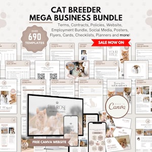 May include: A comprehensive business bundle for cat breeders, featuring over 690 templates. Includes contracts, policies, website, social media, flyers, and more. The image showcases various documents, digital devices, and the text "SALE NOW ON".