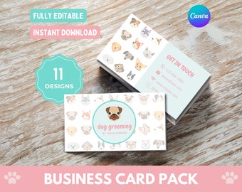 Puede incluir: Un conjunto de 11 diseños de tarjetas de visita personalizables para peluqueros de perros. Las tarjetas presentan una variedad de razas de perros en estilo de dibujos animados y el texto "dog grooming by Laura Ashun".