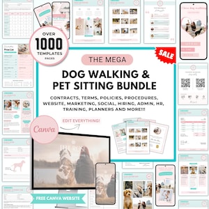 Könnte beinhalten: Ein Bundle mit Vorlagen für Hundespaziergänge und Tiersitting, einschließlich Verträgen, Richtlinien und Marketingmaterialien. Das Design hat ein rosa-türkisfarbenes Farbschema mit Bildern von Hunden und Katzen. Der Text lautet "OVER 1000 TEMPLATES PAGES".
