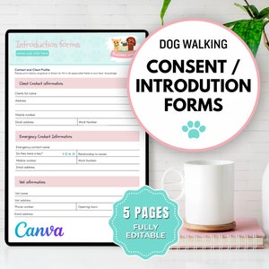 May include: A pink and blue digital document with the text "DOG WALKING CONSENT / INTRODUCTION FORMS" in a white circle. The document is titled "Introduction forms" and includes sections for client contact information, emergency contact information, and vet information. The document is designed to be used for dog walking services.