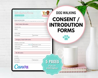 Op de afbeelding: Een digitaal document in roze en blauw met de tekst "DOG WALKING CONSENT / INTRODUCTION FORMS" in een witte cirkel. Het document is getiteld "Introduction forms" en bevat secties voor contactgegevens van de klant, noodcontactgegevens en informatie over de dierenarts. Het document is ontworpen voor gebruik bij hondenuitlaatservices.