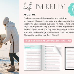 Op de afbeelding: Een vrouw in een winterjas loopt met een hond in de sneeuw. De tekst "hello I'M KELLY" staat bovenaan de afbeelding. De tekst "40+ FREE TIPS" staat in een roze cirkel. De tekst "ABOUT ME" staat in een roze rechthoek. De tekst "FREE PDF WITH ALL MY PET SITTING TIPS!" staat in een roze rechthoek. De tekst "My Top 100 Business Tips" staat in een roze rechthoek. De afbeelding toont een gratis PDF-download van tips voor het oppassen van huisdieren.