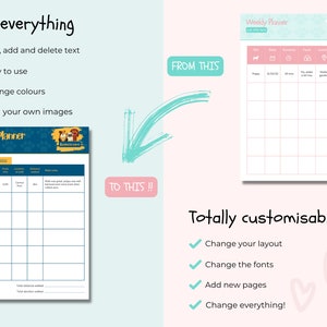May include: A customizable weekly planner template with a pink and blue color scheme. The template features a dog-themed design with the text "Weekly Planner" and "Totally customizable".