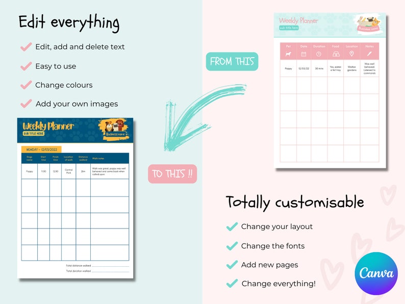 May include: A customizable weekly planner template with a pink and blue color scheme. The template features a dog-themed design with the text "Weekly Planner" and "Totally customizable".