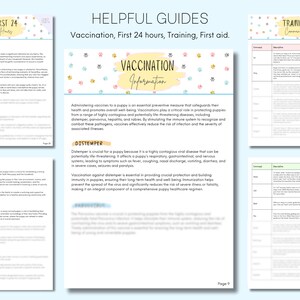 May include: A guide for new puppy owners with information on vaccinations, training, and first aid. The guide includes a section on distemper, a highly contagious viral disease that can be potentially life-threatening for puppies.