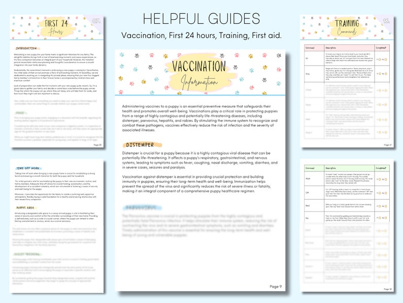 May include: A guide for new puppy owners with information on vaccinations, training, and first aid. The guide includes a section on distemper, a highly contagious viral disease that can be potentially life-threatening for puppies.