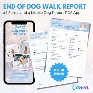 Boleta de calificaciones de paseos de perros con tema de invierno / Tarjeta de calificaciones electrónica de paseos de perros / Descarga de paseos de perros / Informe de paseadores de perros / Informe móvil / Canva