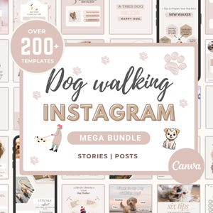 Könnte beinhalten: Eine Collage von Bildern, die ein Instagram-Vorlagenpaket für Hundespaziergänge bewerben. Die Bilder zeigen Hunde, Tipps zum Gassigehen und den Text "Dog walking Instagram Mega Bundle Stories | Posts Canva".