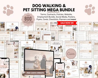 Bundel met formulieren voor hondenuitlaatservice en dierenoppas, meer dan 800 pagina's (canva bewerkbaar, digitale download)